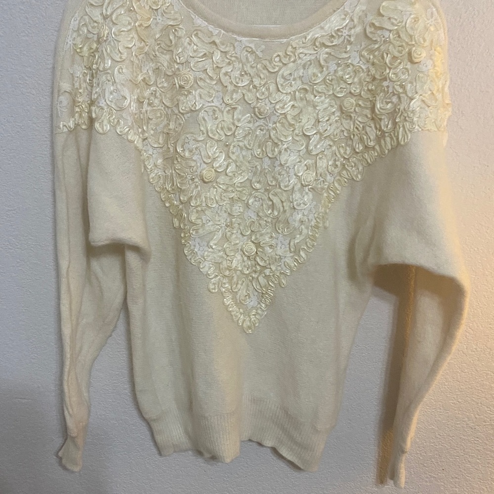 Vintage Cream Embellished Women's Sweater - Lambs Wool and Angora Rabbit fabric